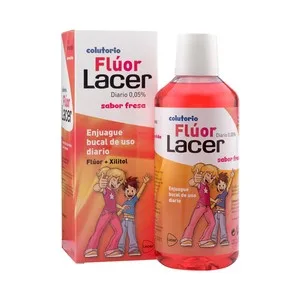 Lacer Enjuague Bucal de Uso Diario sin Alcohol, con Flúor y Xilitol, Sabor Fresa 500 Ml.