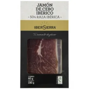 Estuche de Jamón de Cebo Ibérico 50% Raza Ibérica en Lonchas Ibersierra sin Gluten y sin Lactosa 3 Sobres de 60 G