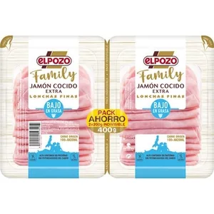 Family Jamón Cocido Extra bajo en Grasa en Lonchas Finas Pack 2 X 200 G sin Gluten sin Lactosa Pack Ahorro Elpozo 400 G