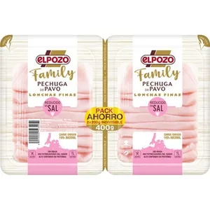 Family Pechuga de Pavo Reducido en Sal en Lonchas Finas Pack 2 X 200 G sin Gluten sin Lactosa Elpozo 400 G