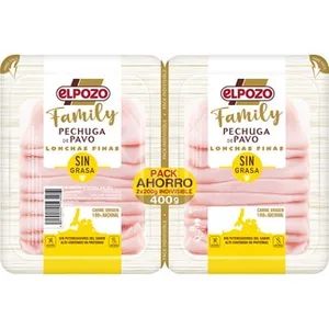 Family Pechuga de Pavo sin Grasa en Lonchas Finas sin Gluten sin Lactosa Pack 2 X 200 G Elpozo