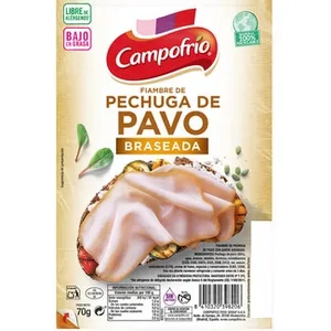 Fiambre de Pechuga de Pavo Braseada bajo en Grasa en Lonchas sin Gluten sin Lactosa Campofrio