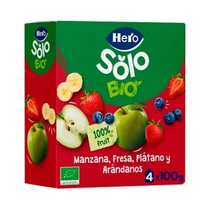 Hero Solo Bio Bolsitas de Fruta (manzana, Fresa, Plátano y Arándanos) Ecológicas, a Partir de 12 Meses 4 X 100 G. 400 G