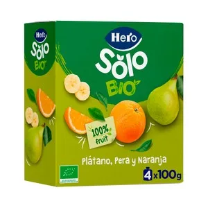 Hero Solo Bio Bolsitas de Fruta (plátano, Pera y Naranja) Ecológicas, a Partir de 6 Meses 4 X 100 G. 400 G