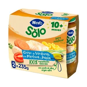 Hero Solo Tarritos de Guiso de Verduras con Merluza y Pasta (textura con Trozitos), a Partir de 10 Meses 2 X 235 G. 470 G