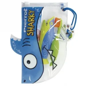 Kit Dental Infantil Viaje Pierrot: Cepillo de Dientes, Crema Dental Fresa y Capuchón Tiburón 1 Ud.