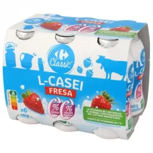 L.casei Líquido Desnatado Sabor Fresa Carrefour Classic' sin Azúcar Añadido Pack de 6 Unidades de 100 G.