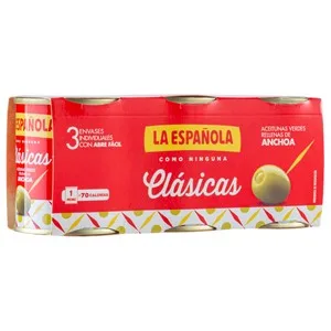 LA Española Aceitunas Verdes Rellenas de Anchoa Clásicas Pack de 3 Latas de 50 G. 150 G