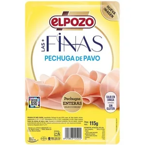 Las + Finas Pechuga de Pavo bajo en Grasa en Lonchas sin Gluten sin Lactosa Elpozo 115 G
