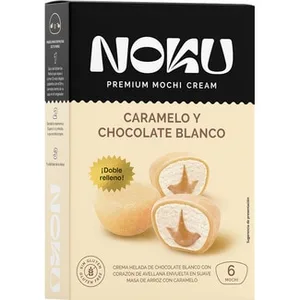 Mochi de Crema Helada de Chocolate Blanco con Corazón de Avellana Envuelta en Suave Masa de Arroz con Caramelo sin Gluten Noku 6 Unidades