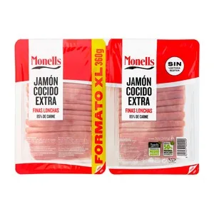 Monells Jamón Cocido de Categoria Extra, Cortado en Finas Lonchas Monells 2 X 180 G. 360 G