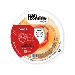 PAN Comido BY COR Rosca de Pan Rellena de Paleta Curada, Queso Fundido, Fiambre de Bacon y Salsa de Tomate Deoro 480 G.