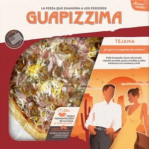 Pizza Tejana Pollo Braseado, Bacon Ahumado, Cebolla Morada, Queso Cheddar y Salsa Barbacoa con Mostaza y Miel Envase 400 G Guapizzima