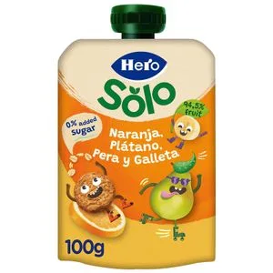 Bolsita de Naranja, Plátano, Pera y Galleta Hero Mi Fruta sin Azúcar Añadido 100 G.