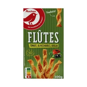 Producto Alcampo Flautas Hojaldradas con Tomate, Aceitunas Negras y Orégano Bolsa de 100 G.