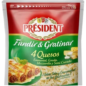 Queso Francés Rallado 4 Quesos para Fundir y Gratinar Emmental Francés, Mozzarella Francesa, Gouda Francés y Semicurado President 150 G