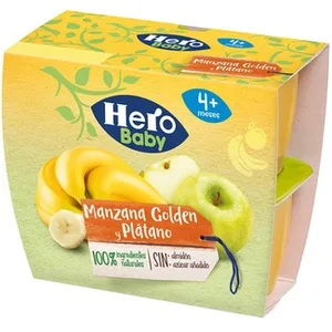 Tarrinas de Manzana Golden y Plátano sin Azúcares Añadidos desde 4 Meses Pack 4  Hero Solo 100 G