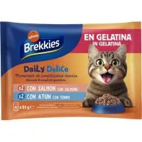 Salmón y Atún en Gelatina para Gato Brekkies Delice, Pack 4x85 G