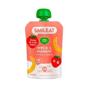 Smileat Bolsita de Fruta, Ecológica (fresa y Plátano) para Bebés a Partir de 6 Meses 100 G.