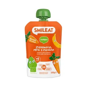 Smileat Ecológico Bolsita de Zanahoria, Pera y Plátano Ecológicos a Partir de 6 Meses 100 G.