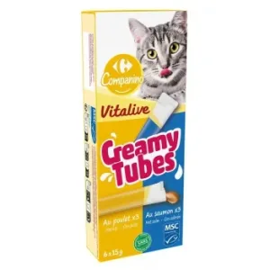 Snack Líquido de Pollo y Salmón para Gato Vitalive Creamy Tubes Carrefour Companino 6x15 G