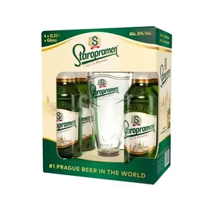 Staropramen Pack de Cerveza Rubia Pilsner Checa 4 Botellas de 33 Centilitros + Vaso 1320 ML