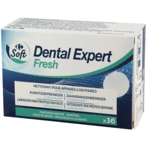 Tabletas Limpiadoras para Prótesis Dentales Antibacteriana Frescor Menta Soft Carrefour 36 Ud.