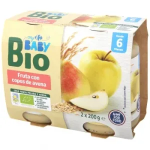 Tarrito de Frutas con Copos de Avena desde 6 Meses Ecológico My Carrefour Baby Bio sin Azúcar Añadido Pack de 2 Unidades de 200 G.