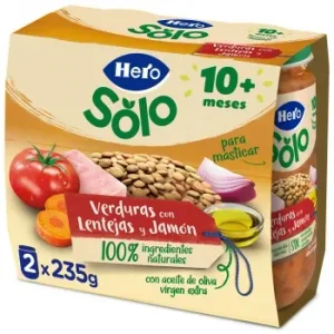 Tarrito de Verduras con Lentejas y Jamón desde 10 Meses Hero Baby sin Gluten Pack de 2 Unidades de 235 G.