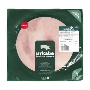 Urkabe Jamón Cocido Extra, sin Gluten y sin Lactosa, Cortado en Lonchs Urkabe 200 G. 175 G
