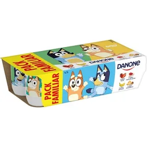Yogur Sabor Fresa, de Plátano, de Macedonia y de Tarta de Queso Danone sin Gluten Pack de 8 Unidades de 120 G.
