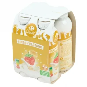 Yogur Semidesnatado Líquido de Fresa y Plátano Carrefour Classic sin Gluten Pack de 4 Unidades de 200 Ml.