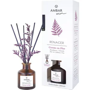 Zen Ambientador Mikado Renacer Cerezo en Flor con Frambuesa, Ciruela, Flor de Azahar y Uva Incluye Flor Decorativa Ambar
